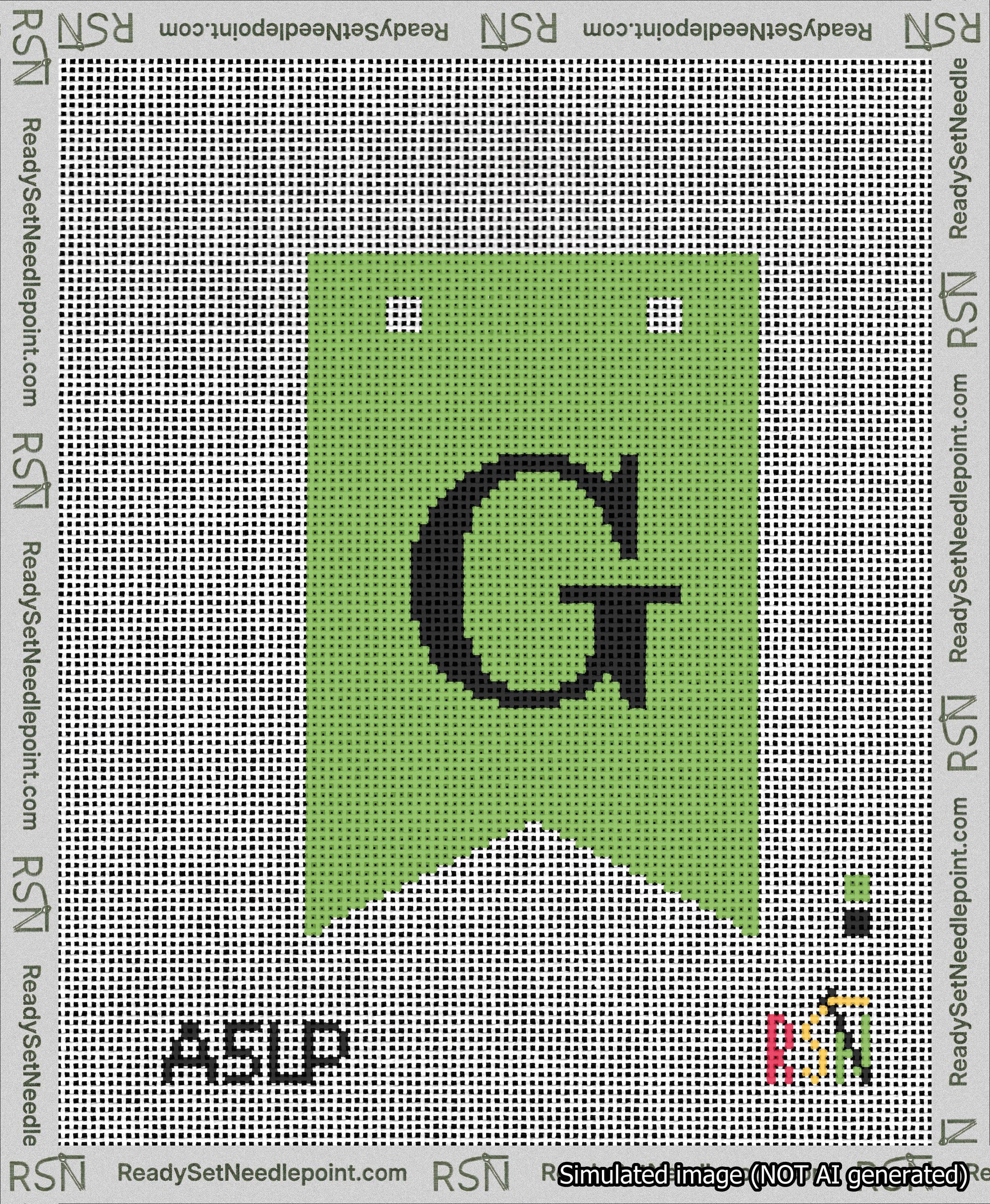A taped needlepoint canvas with the design: Banner 13 mesh count Forked G Black on Light Green.