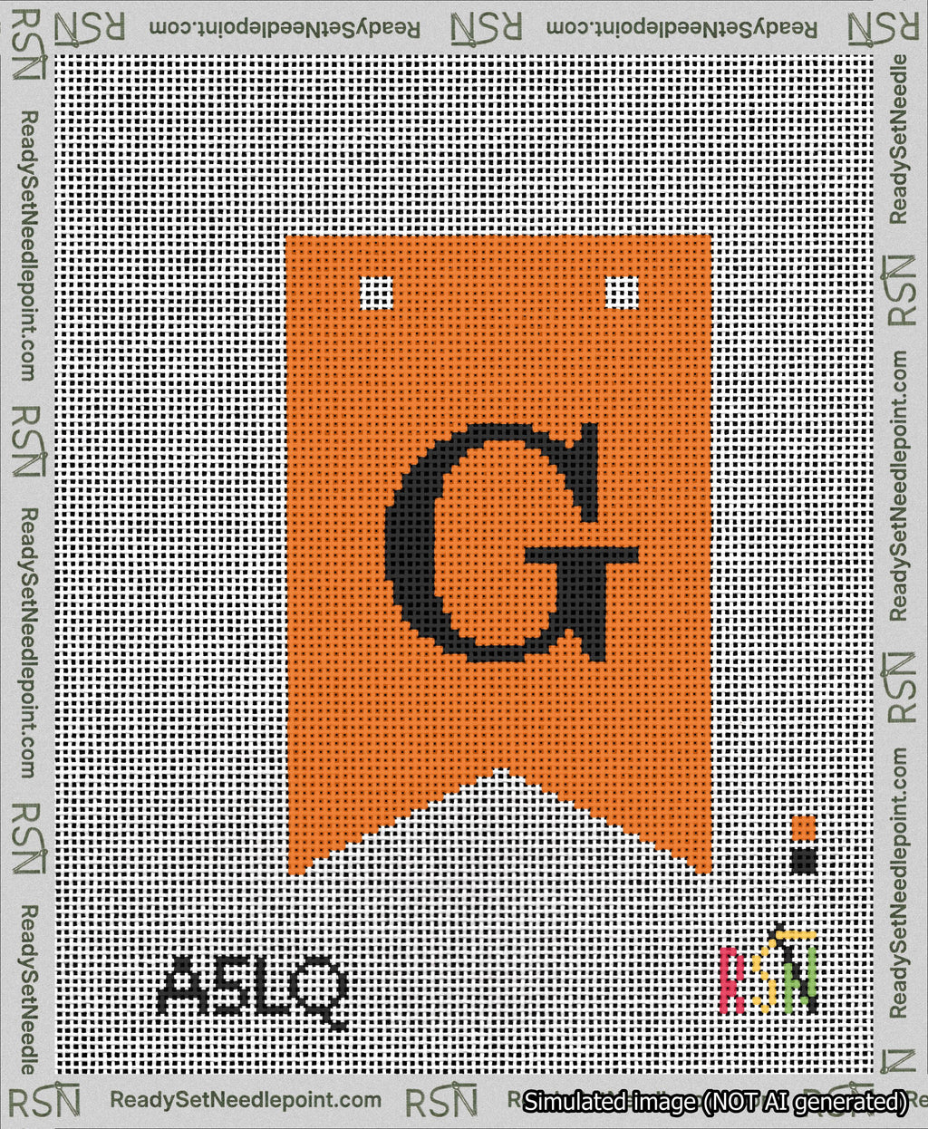 A taped needlepoint canvas with the design: Banner 13 mesh count Forked G Black on Orange.