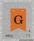 A taped needlepoint canvas with the design: Banner 13 mesh count Forked G Black on Orange.