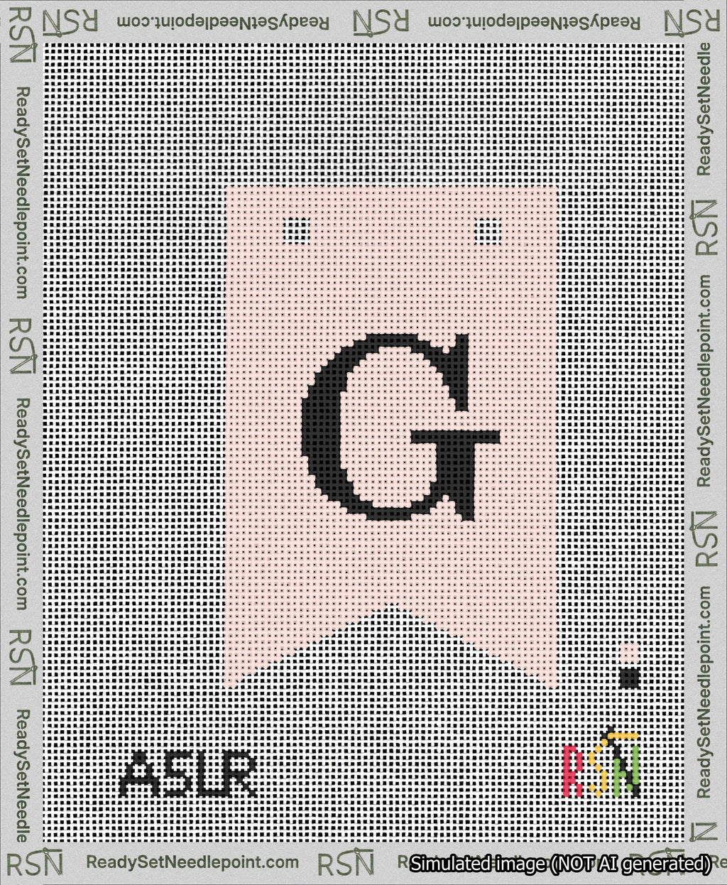 A taped needlepoint canvas with the design: Banner 13 mesh count Forked G Black on Pink.