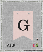 A taped needlepoint canvas with the design: Banner 13 mesh count Forked G Black on Pink.