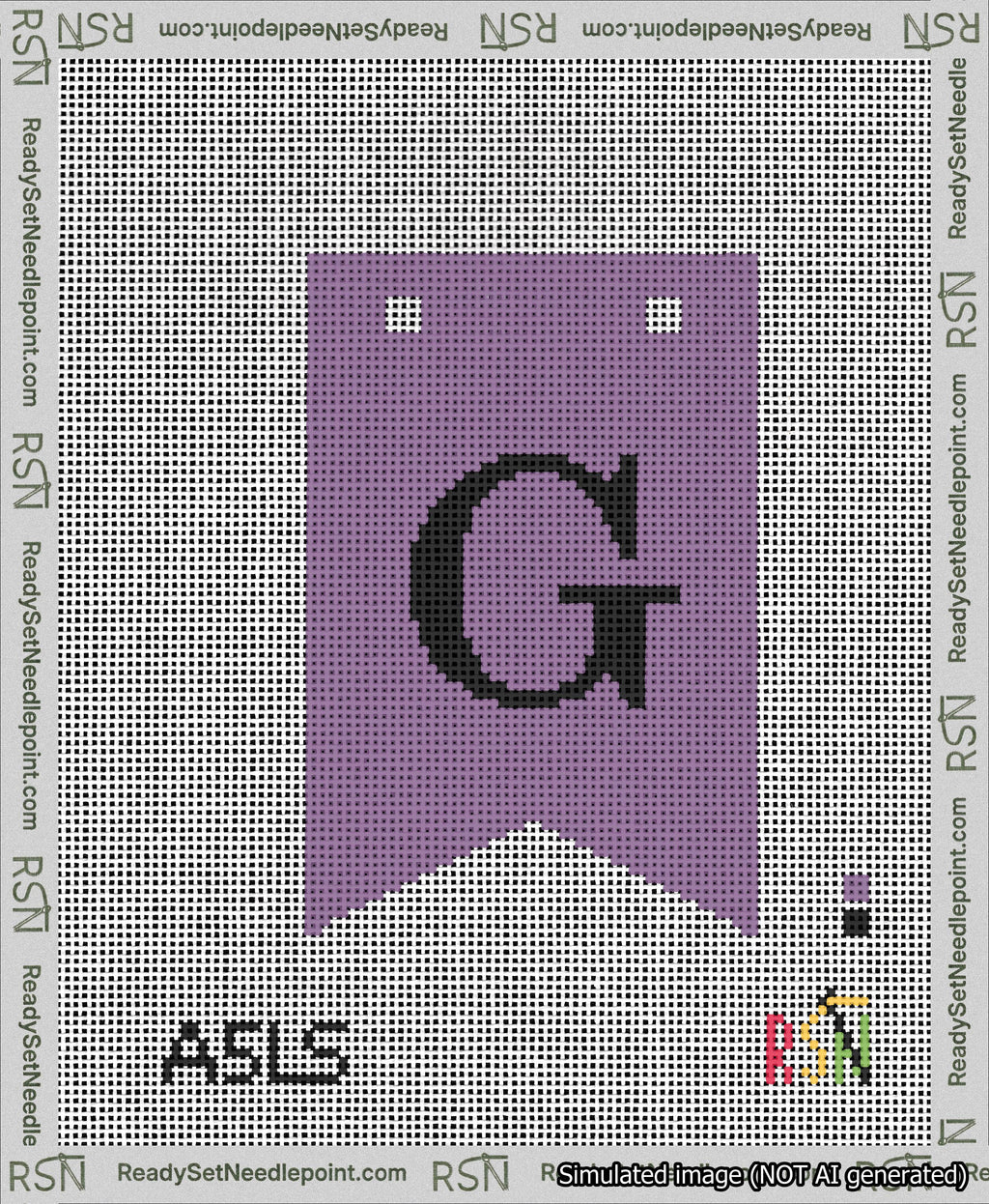 A taped needlepoint canvas with the design: Banner 13 mesh count Forked G Black on Purple.
