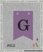 A taped needlepoint canvas with the design: Banner 13 mesh count Forked G Black on Purple.