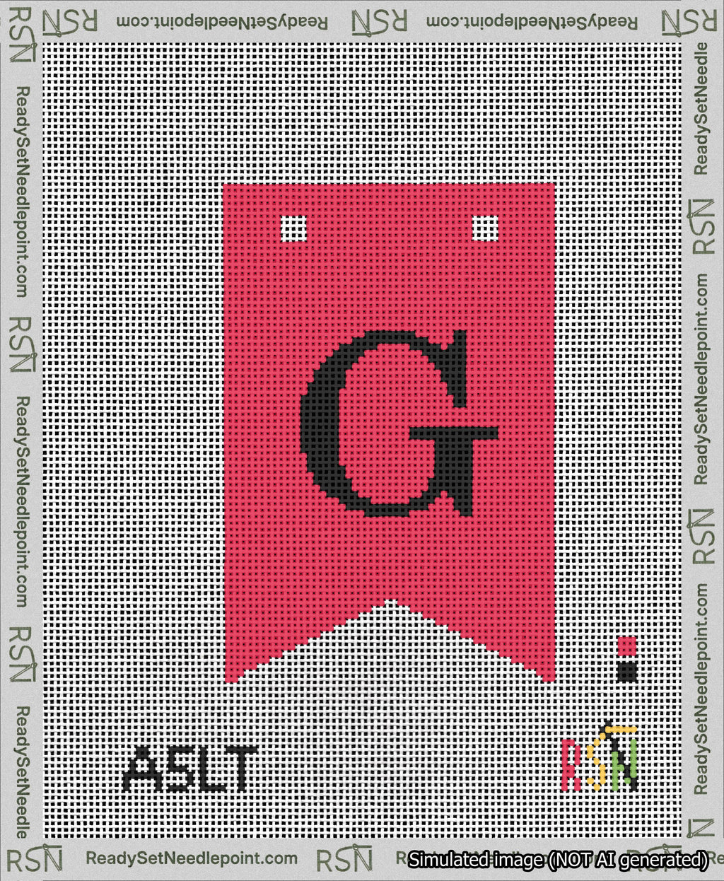 A taped needlepoint canvas with the design: Banner 13 mesh count Forked G Black on Red.