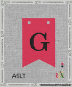 A taped needlepoint canvas with the design: Banner 13 mesh count Forked G Black on Red.