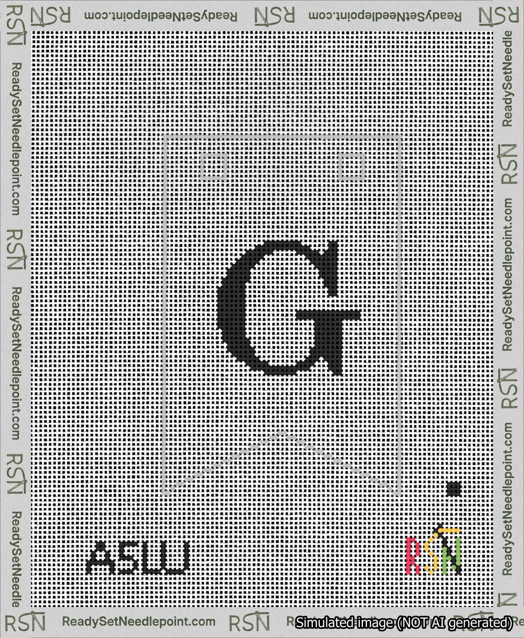 A taped needlepoint canvas with the design: Banner 13 mesh count Forked G Black on White.