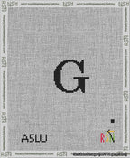 A taped needlepoint canvas with the design: Banner 13 mesh count Forked G Black on White.