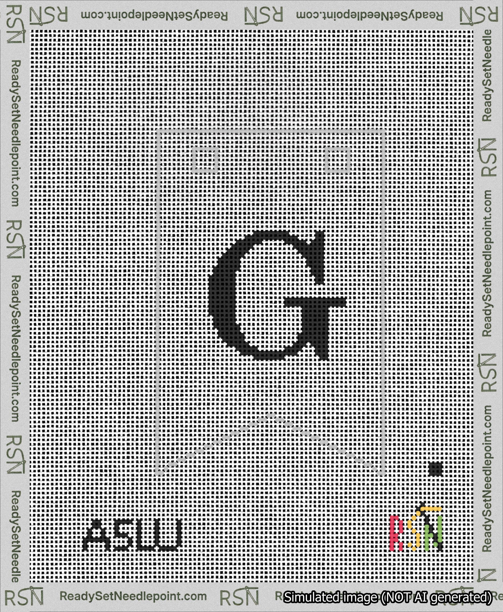 A taped needlepoint canvas with the design: Banner 13 mesh count Forked G Black on White.