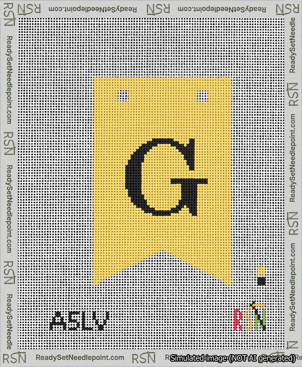 A taped needlepoint canvas with the design: Banner 13 mesh count Forked G Black on Yellow.