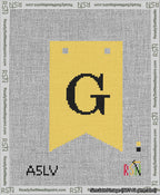 A taped needlepoint canvas with the design: Banner 13 mesh count Forked G Black on Yellow.
