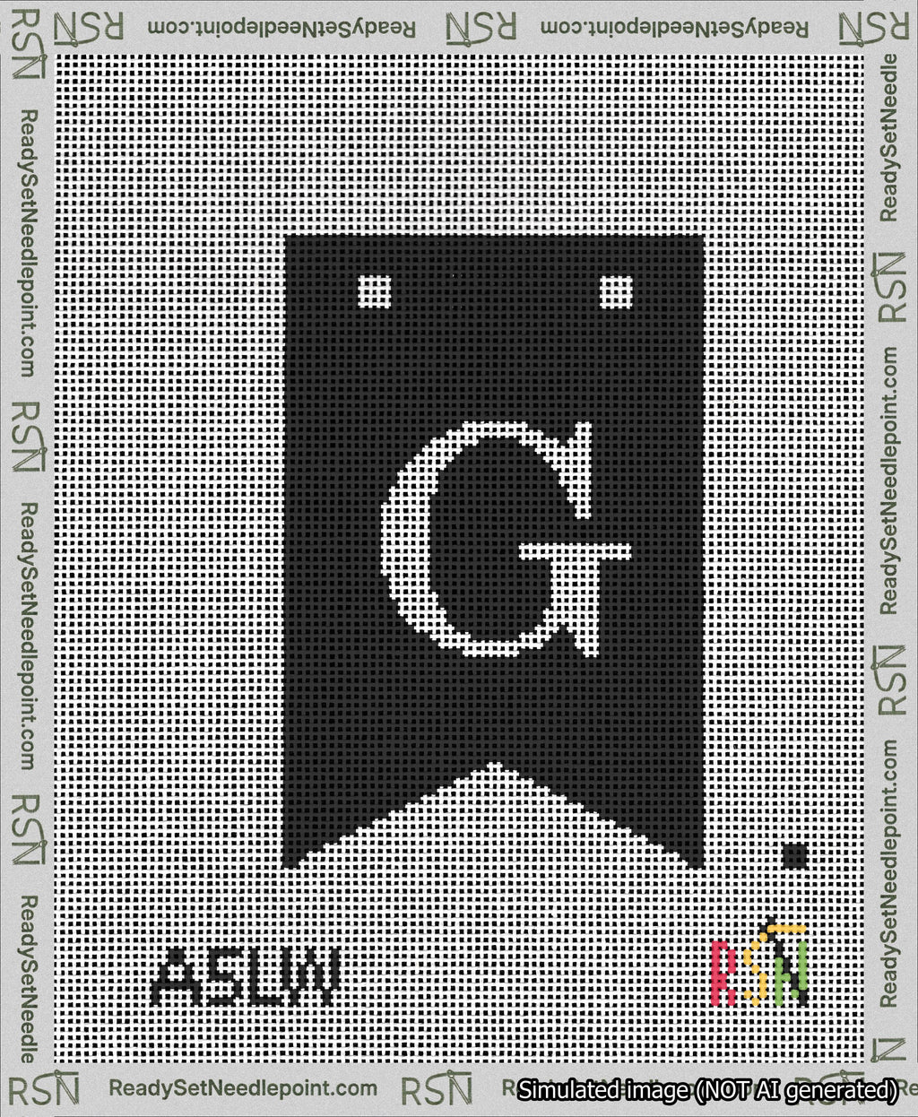 A taped needlepoint canvas with the design: Banner 13 mesh count Forked G White on Black.