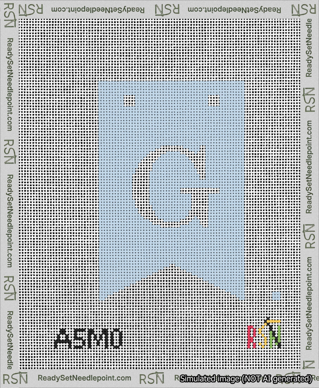 A taped needlepoint canvas with the design: Banner 13 mesh count Forked G White on Light Blue.