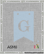 A taped needlepoint canvas with the design: Banner 13 mesh count Forked G White on Light Blue.