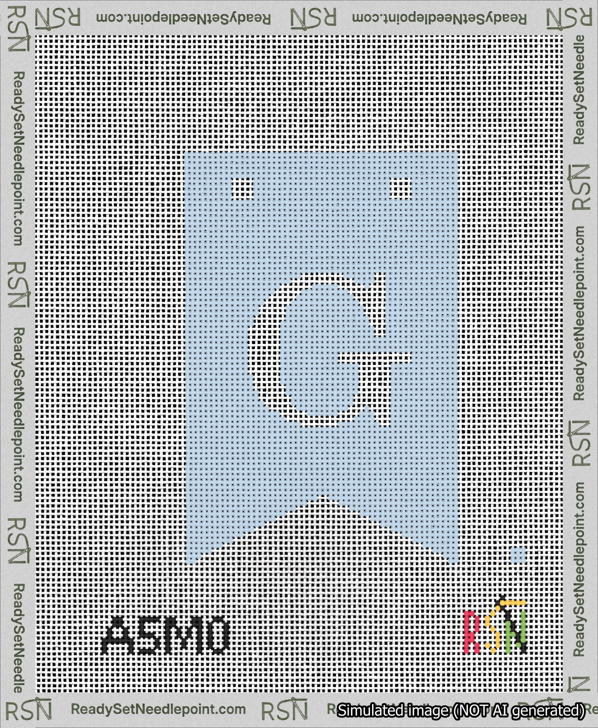 A taped needlepoint canvas with the design: Banner 13 mesh count Forked G White on Light Blue.