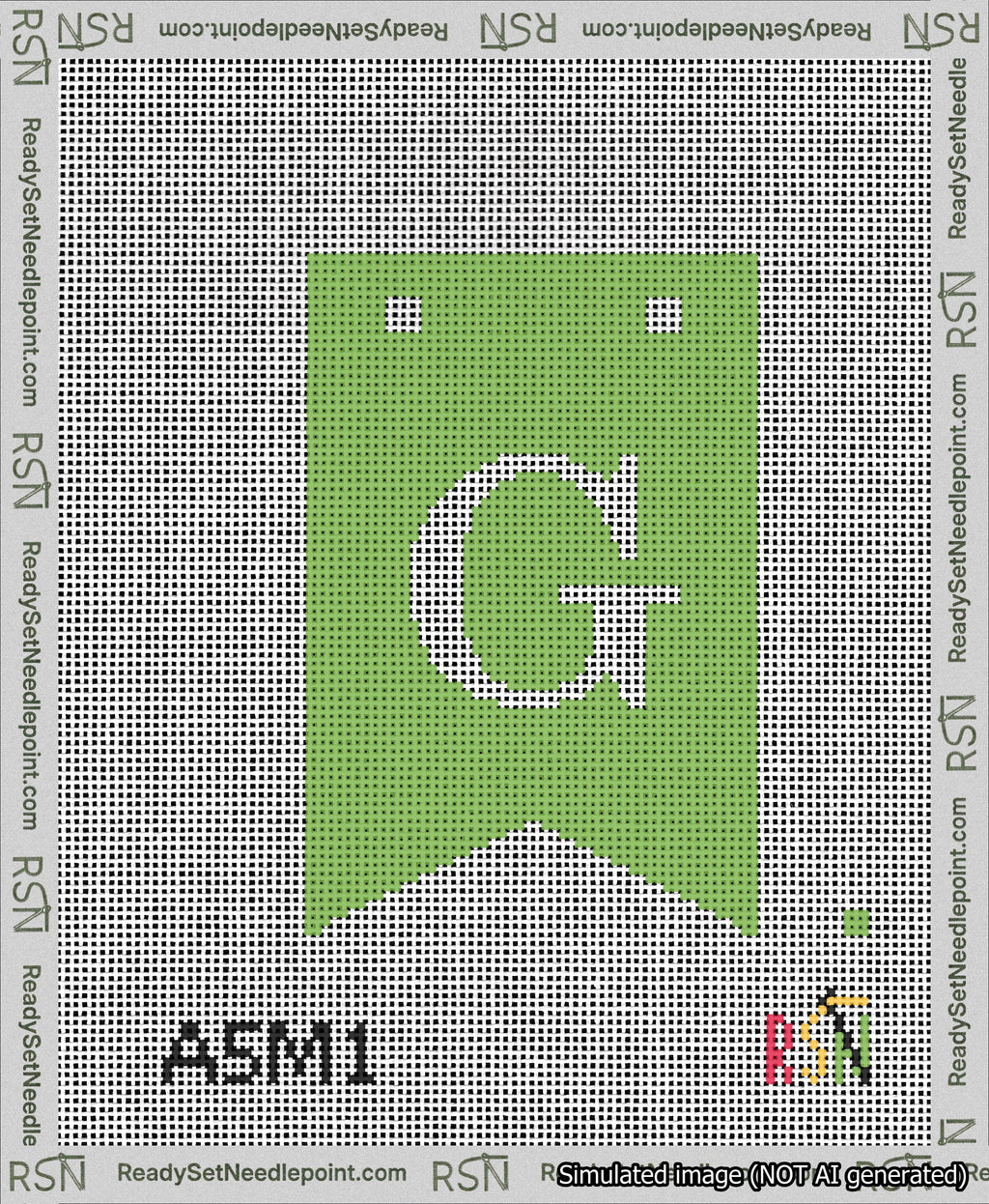A taped needlepoint canvas with the design: Banner 13 mesh count Forked G White on Light Green.