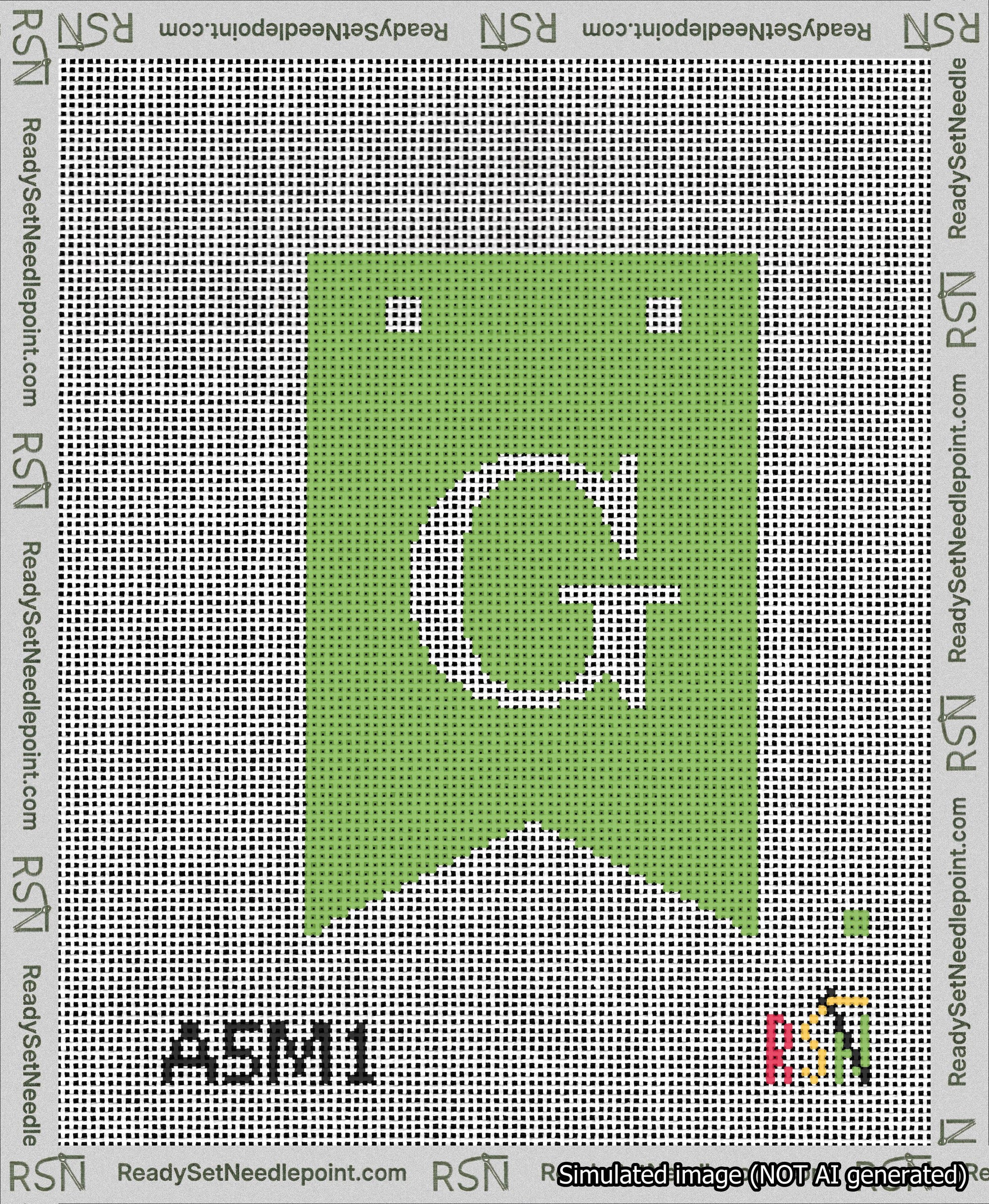 A taped needlepoint canvas with the design: Banner 13 mesh count Forked G White on Light Green.