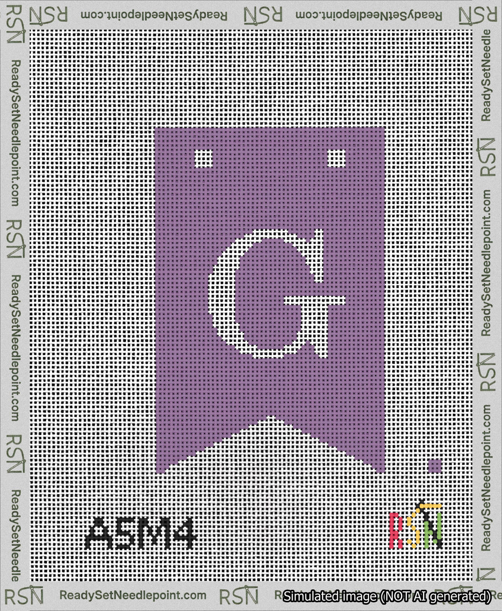 A taped needlepoint canvas with the design: Banner 13 mesh count Forked G White on Purple.