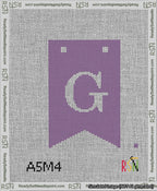 A taped needlepoint canvas with the design: Banner 13 mesh count Forked G White on Purple.