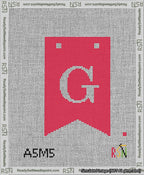 A taped needlepoint canvas with the design: Banner 13 mesh count Forked G White on Red.