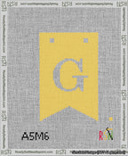 A taped needlepoint canvas with the design: Banner 13 mesh count Forked G White on Yellow.