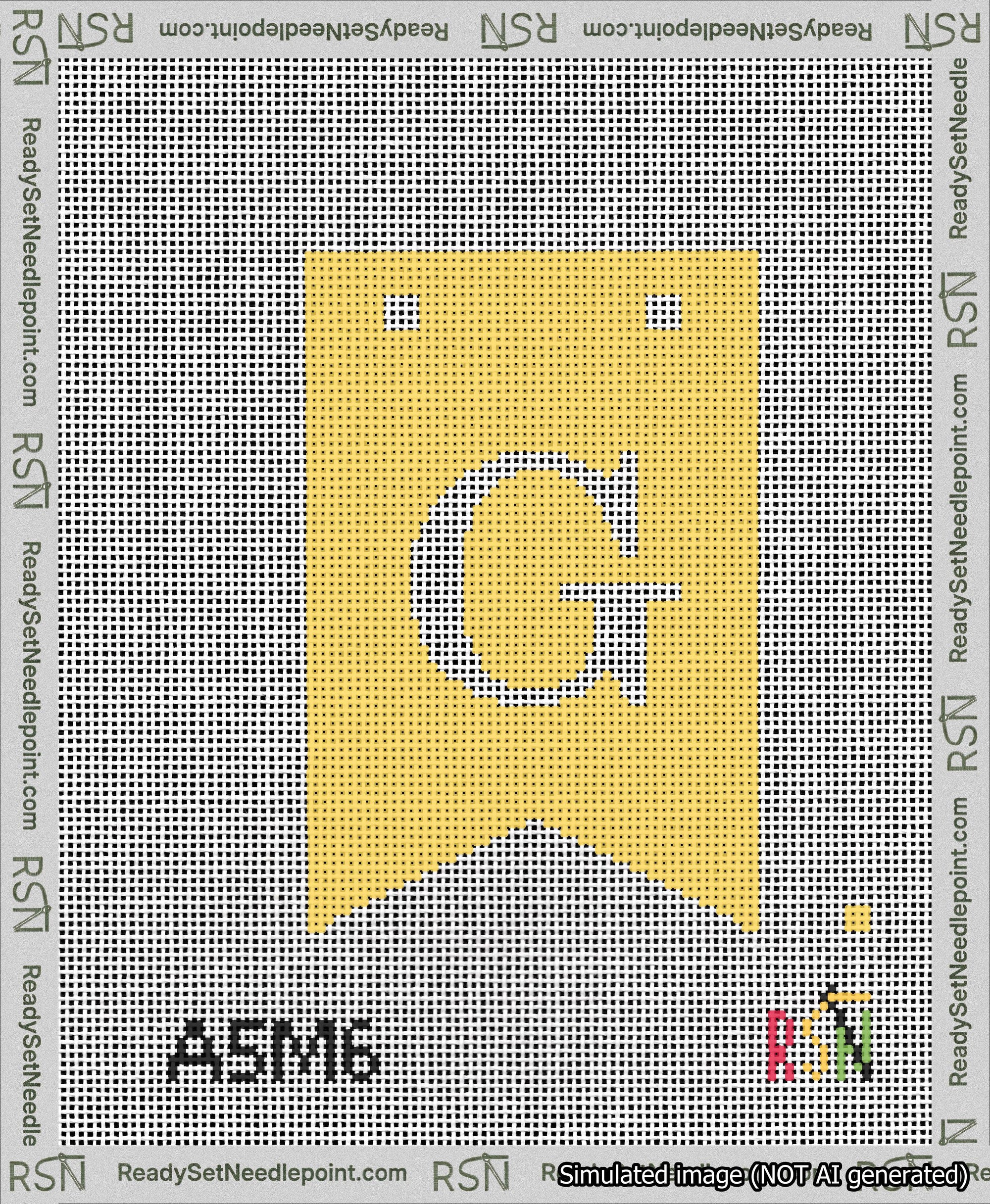 A taped needlepoint canvas with the design: Banner 13 mesh count Forked G White on Yellow.
