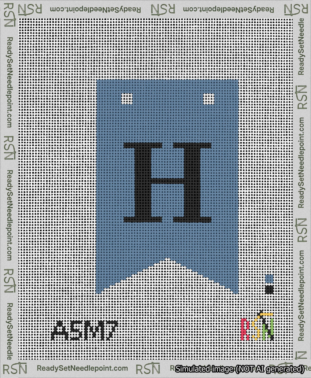 A taped needlepoint canvas with the design: Banner 13 mesh count Forked H Black on Blue.