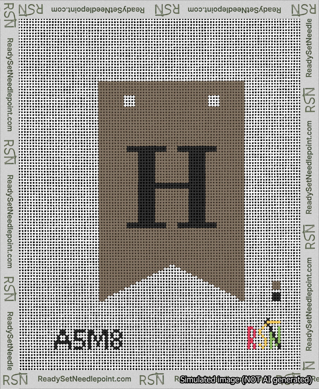 A taped needlepoint canvas with the design: Banner 13 mesh count Forked H Black on Brown.