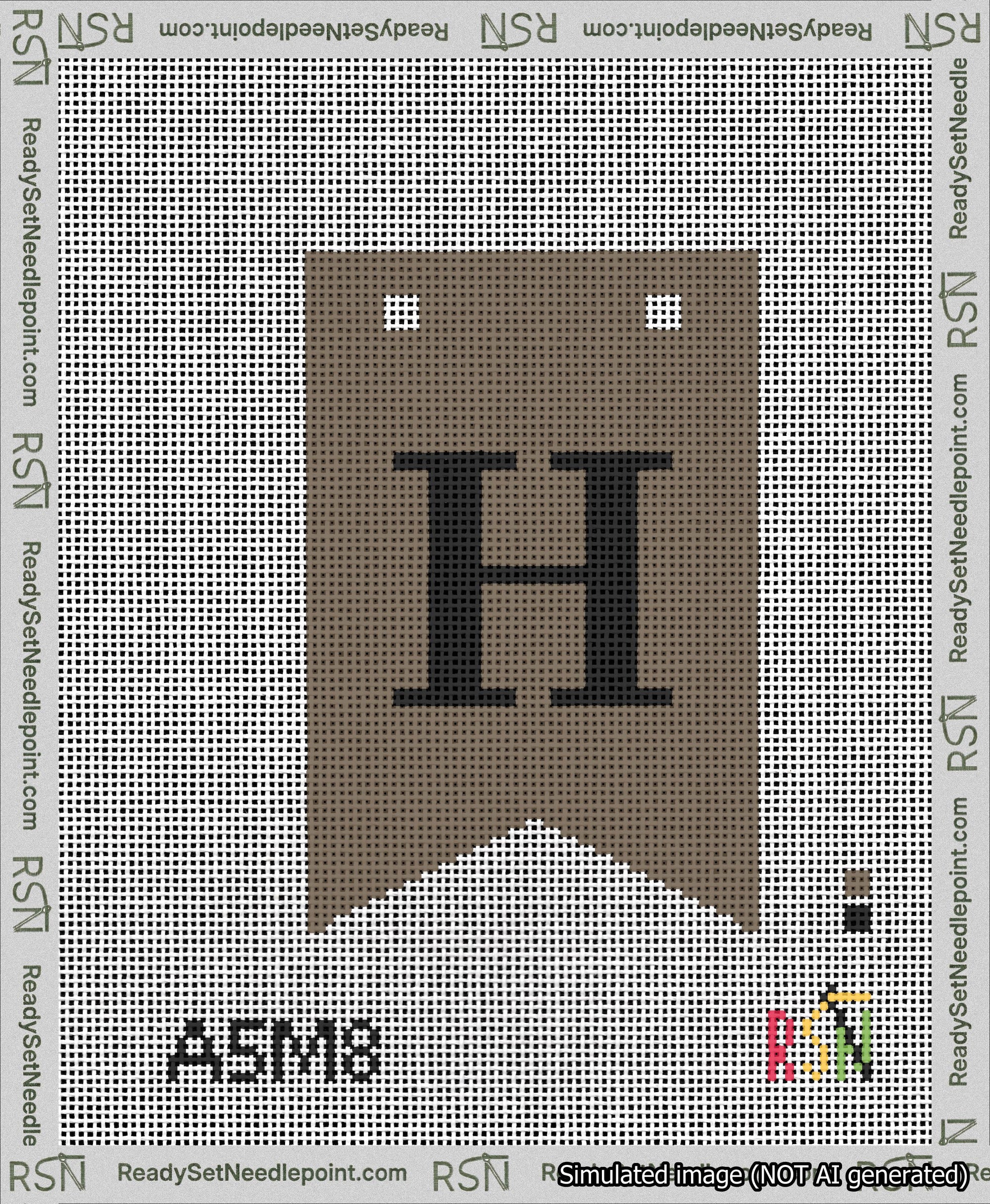A taped needlepoint canvas with the design: Banner 13 mesh count Forked H Black on Brown.
