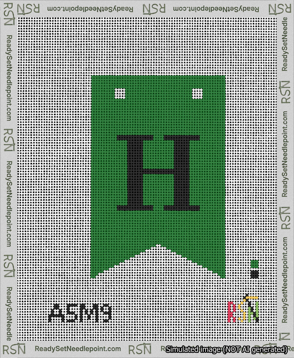 A taped needlepoint canvas with the design: Banner 13 mesh count Forked H Black on Green.