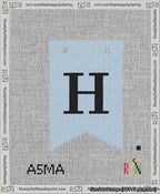A taped needlepoint canvas with the design: Banner 13 mesh count Forked H Black on Light Blue.