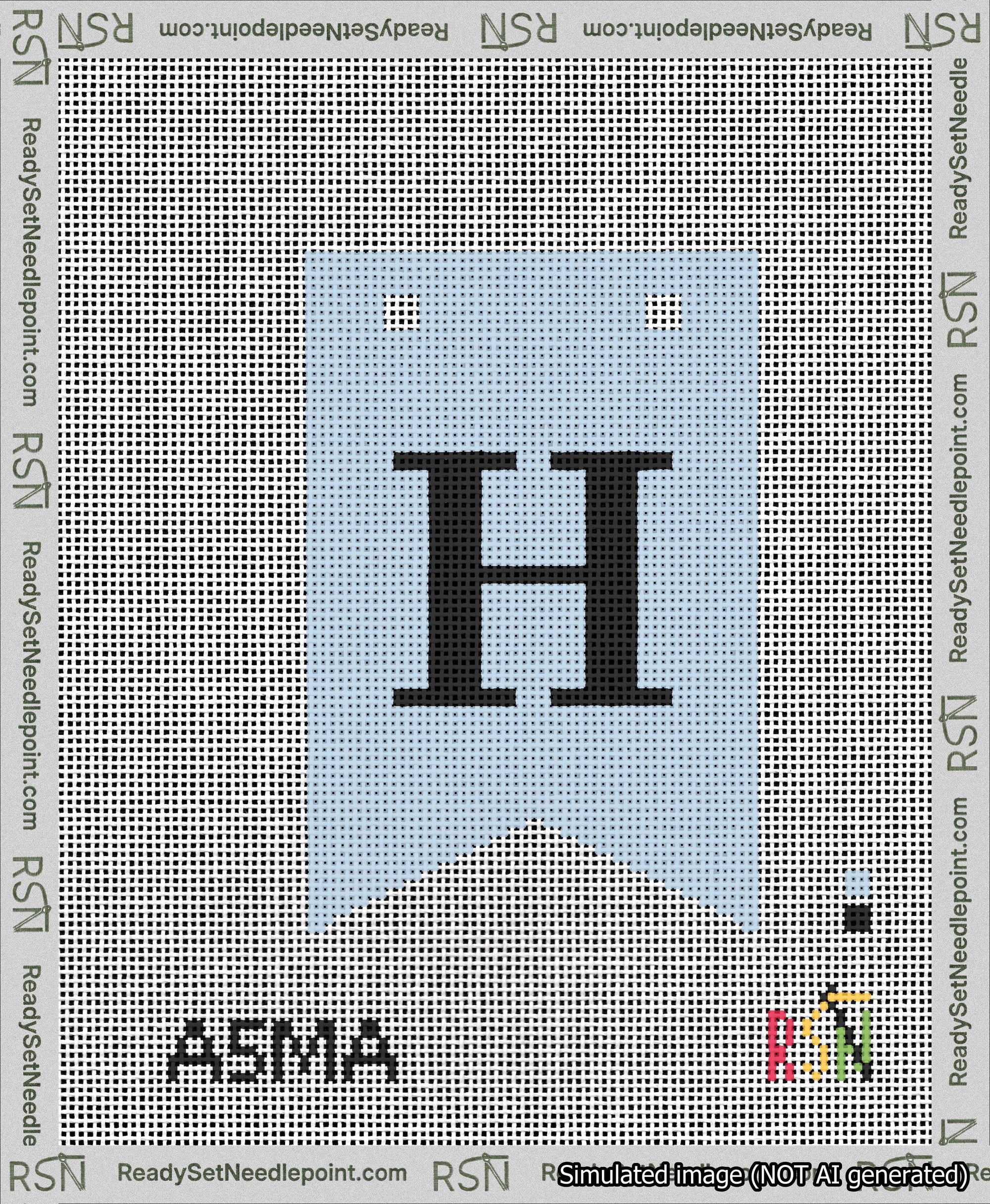 A taped needlepoint canvas with the design: Banner 13 mesh count Forked H Black on Light Blue.