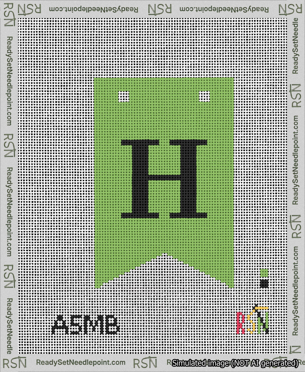 A taped needlepoint canvas with the design: Banner 13 mesh count Forked H Black on Light Green.
