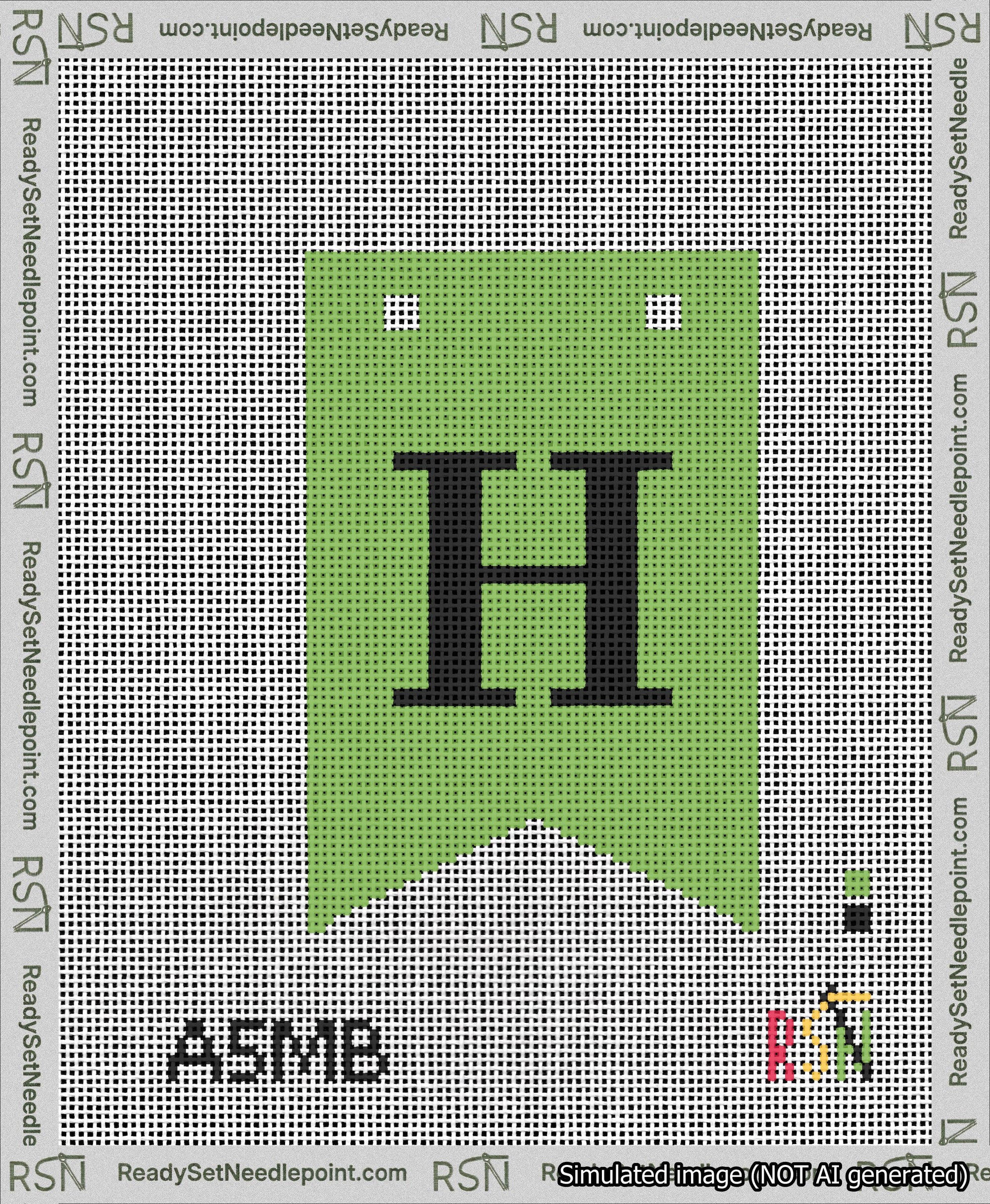 A taped needlepoint canvas with the design: Banner 13 mesh count Forked H Black on Light Green.
