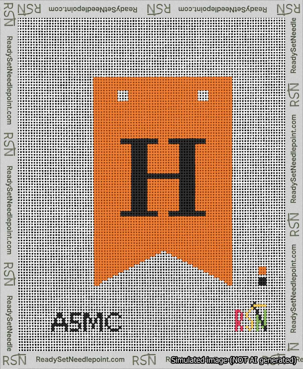 A taped needlepoint canvas with the design: Banner 13 mesh count Forked H Black on Orange.