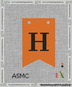 A taped needlepoint canvas with the design: Banner 13 mesh count Forked H Black on Orange.
