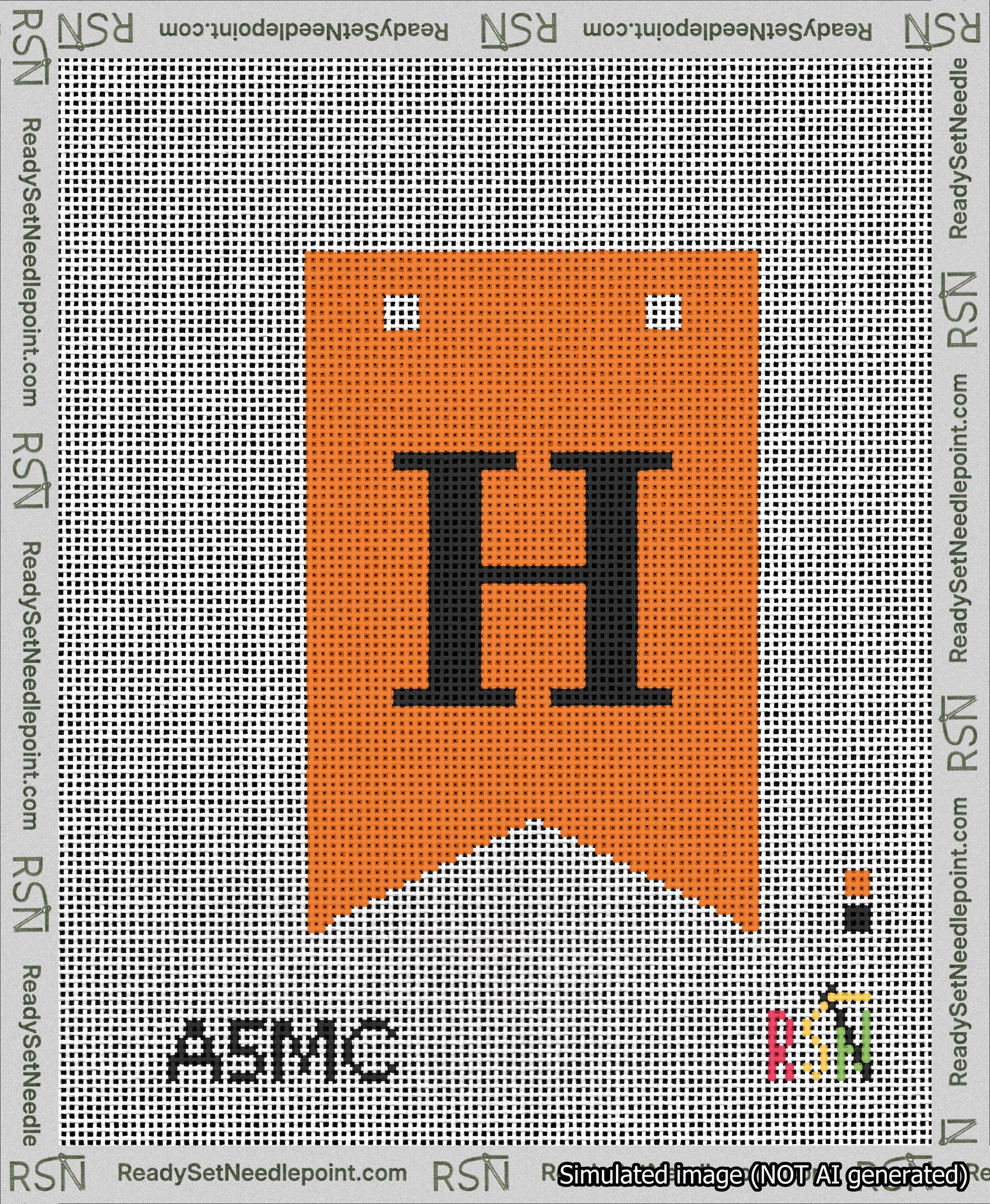 A taped needlepoint canvas with the design: Banner 13 mesh count Forked H Black on Orange.