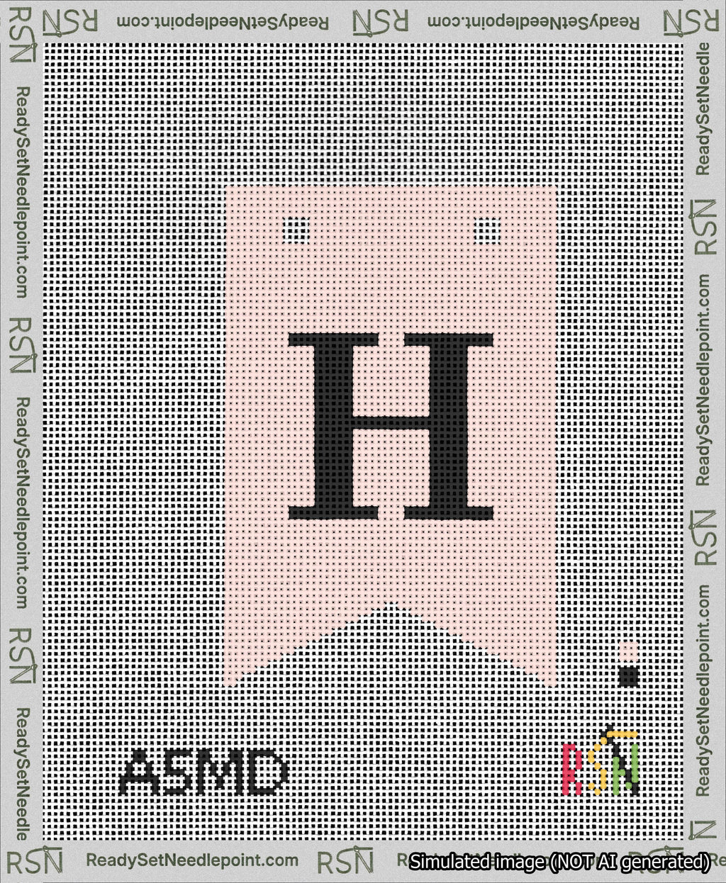 A taped needlepoint canvas with the design: Banner 13 mesh count Forked H Black on Pink.