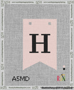 A taped needlepoint canvas with the design: Banner 13 mesh count Forked H Black on Pink.