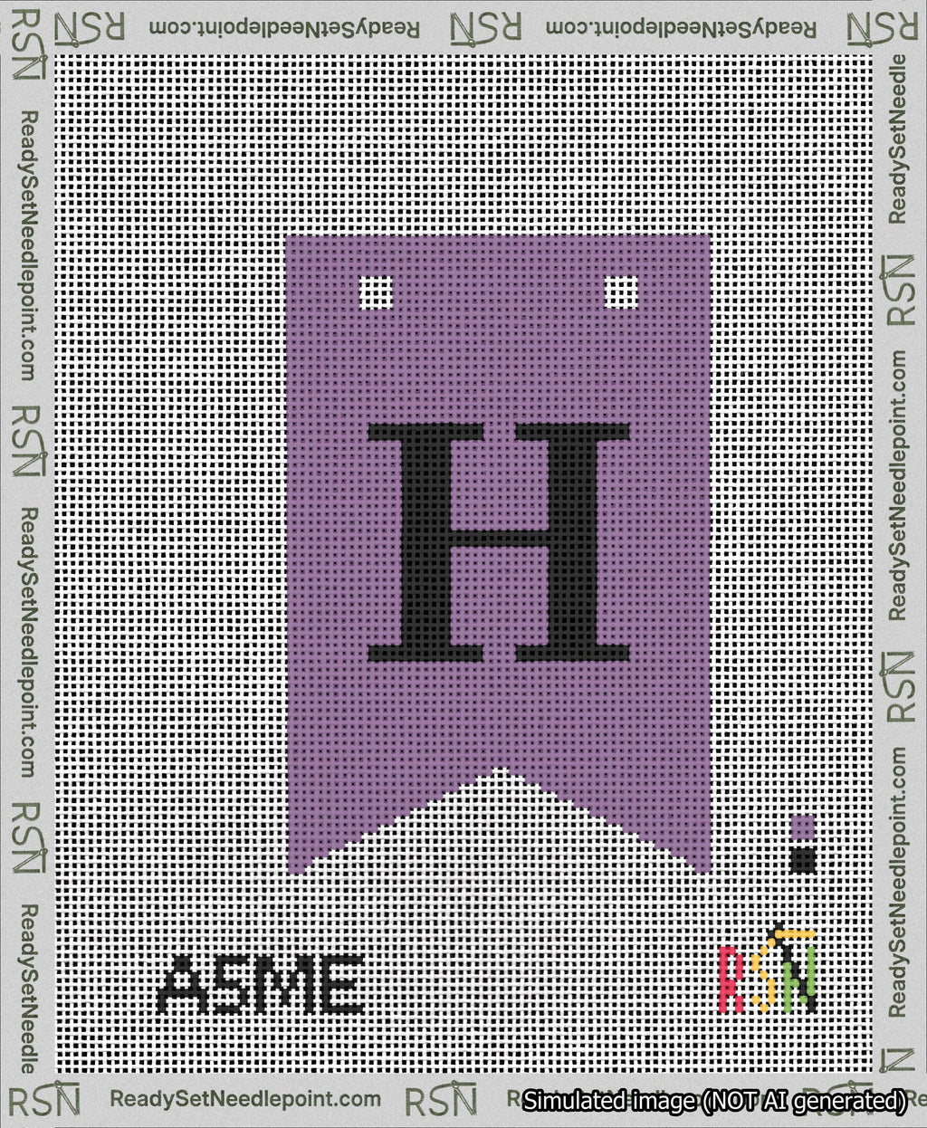 A taped needlepoint canvas with the design: Banner 13 mesh count Forked H Black on Purple.
