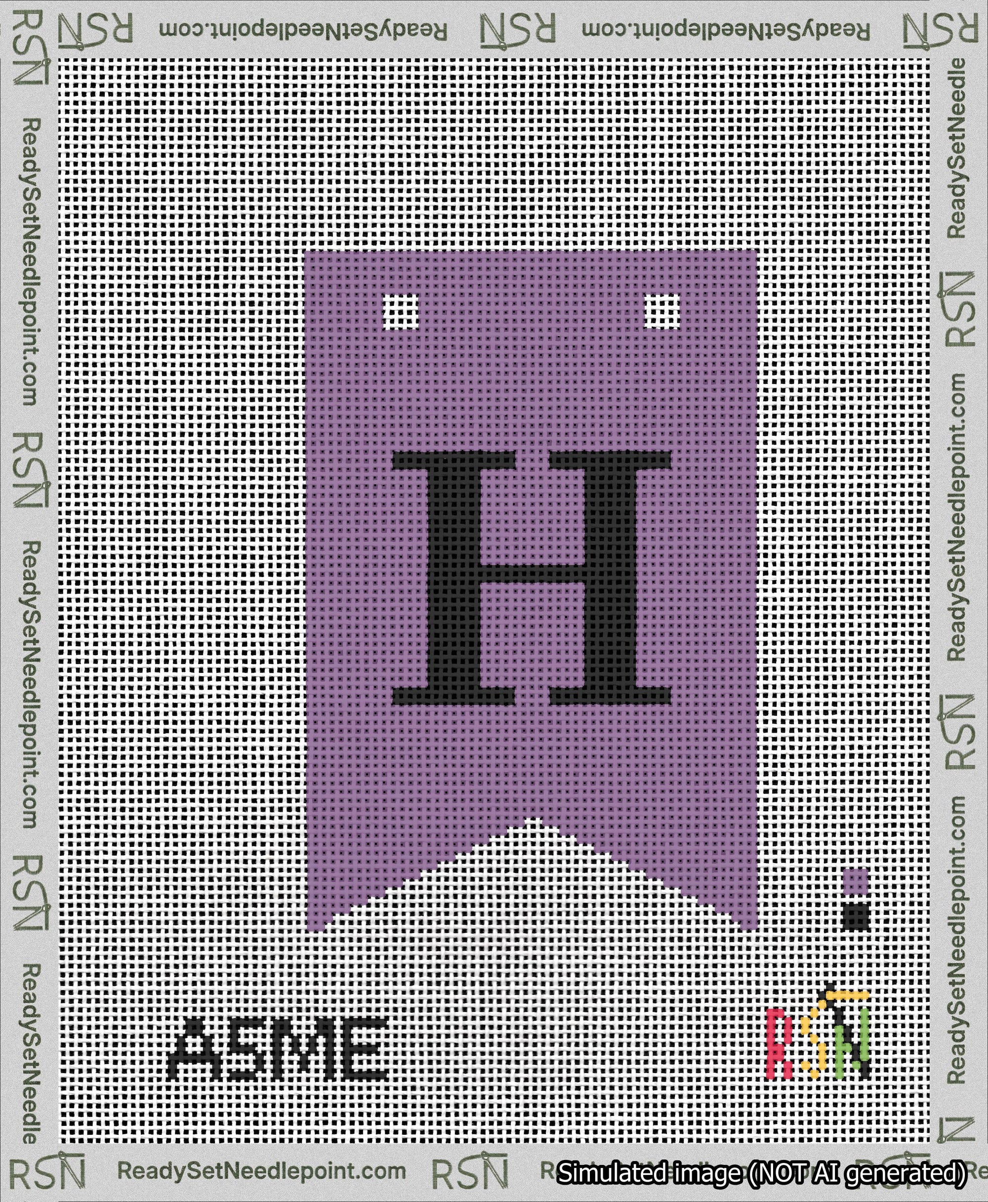 A taped needlepoint canvas with the design: Banner 13 mesh count Forked H Black on Purple.