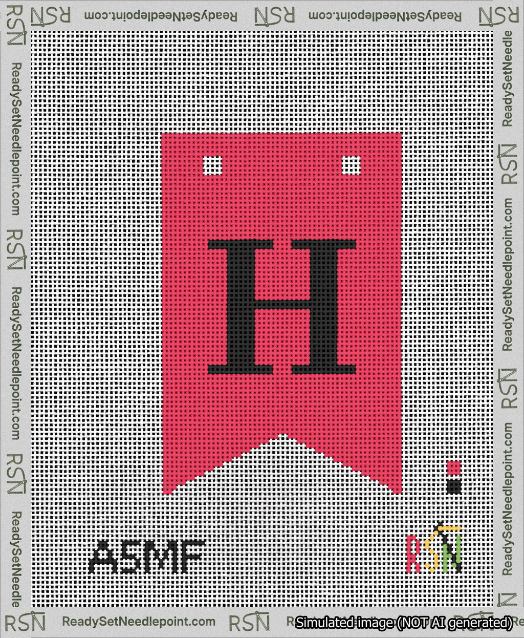 A taped needlepoint canvas with the design: Banner 13 mesh count Forked H Black on Red.