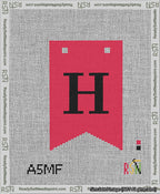 A taped needlepoint canvas with the design: Banner 13 mesh count Forked H Black on Red.