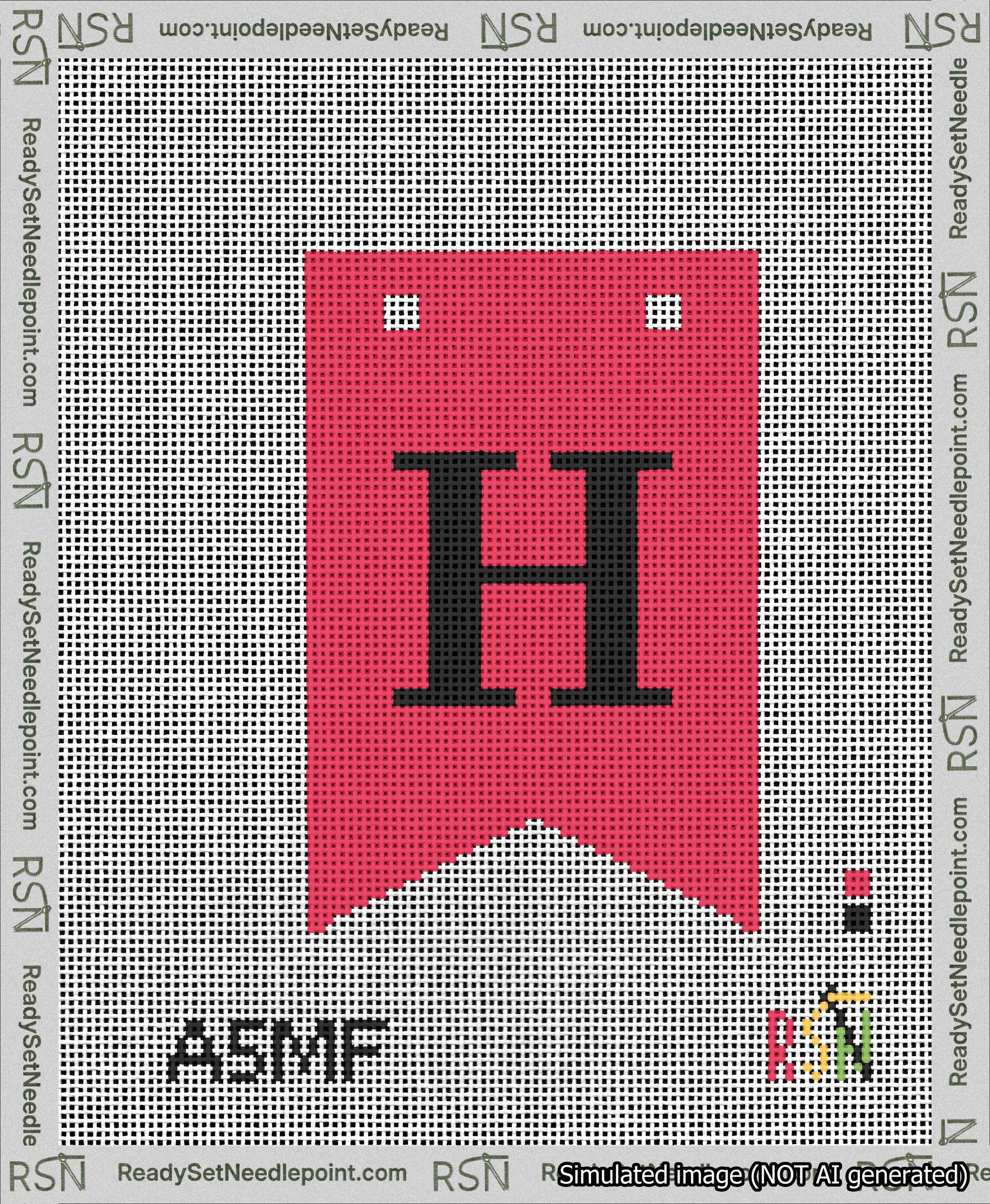 A taped needlepoint canvas with the design: Banner 13 mesh count Forked H Black on Red.