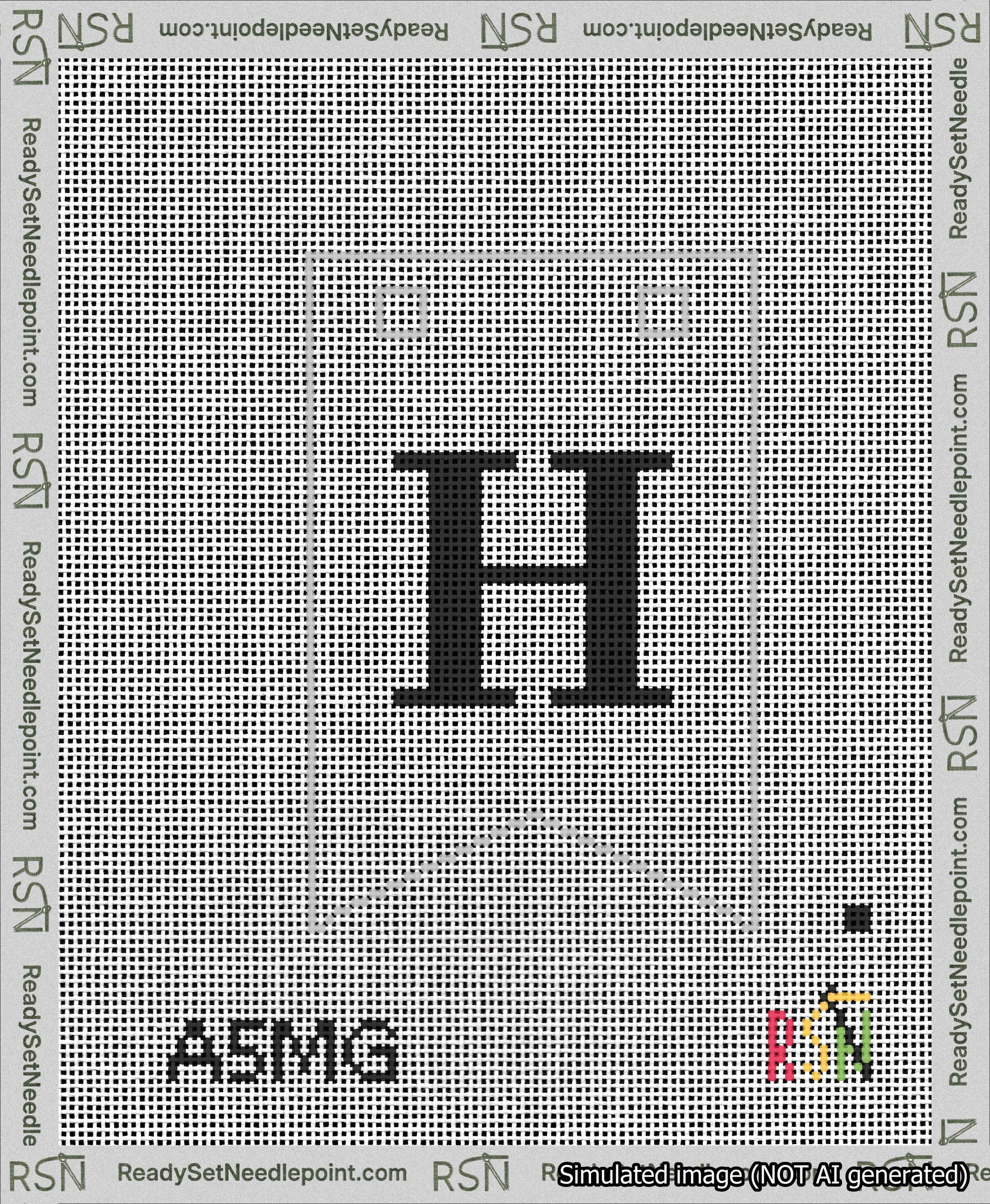 A taped needlepoint canvas with the design: Banner 13 mesh count Forked H Black on White.