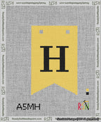 A taped needlepoint canvas with the design: Banner 13 mesh count Forked H Black on Yellow.