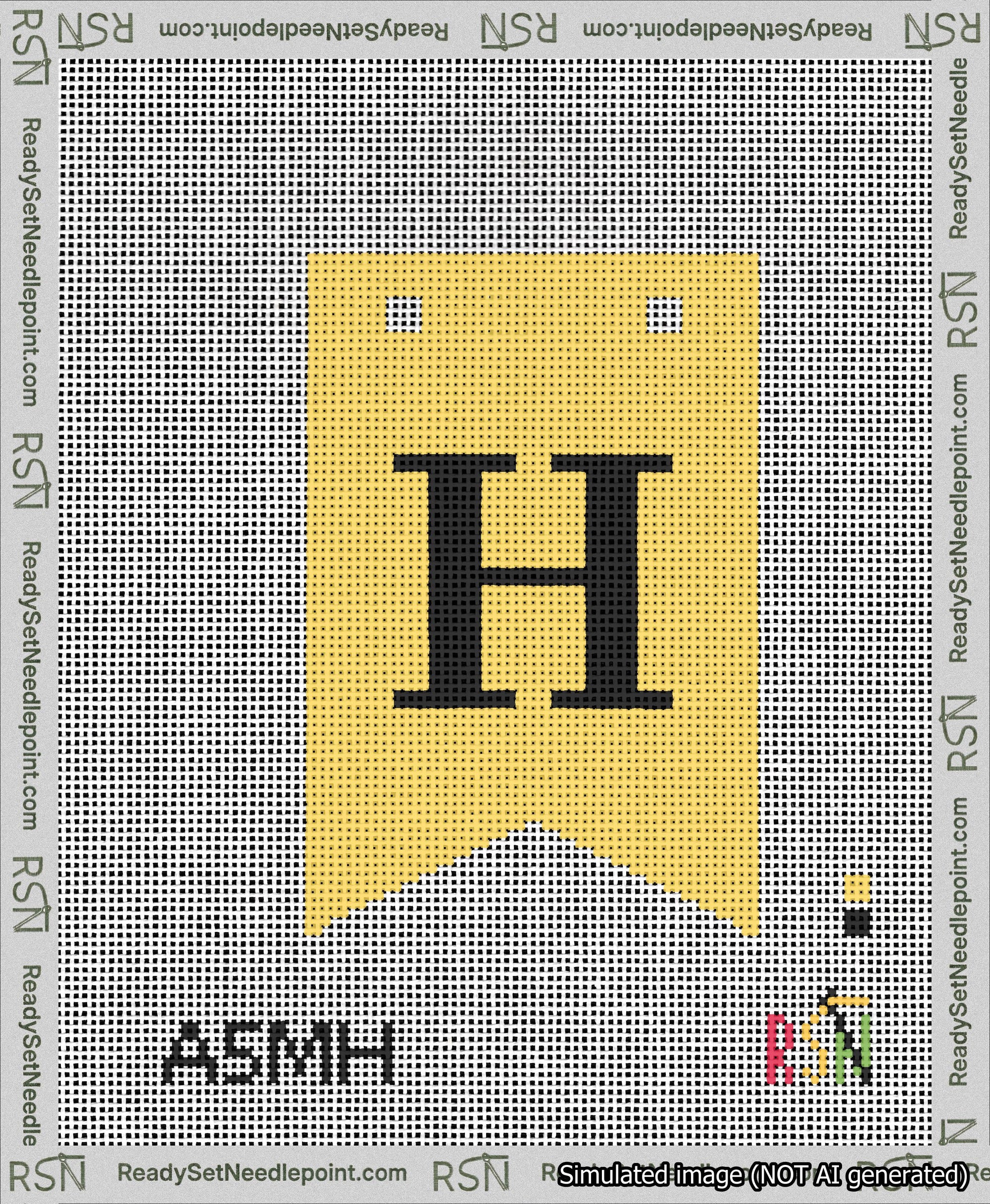 A taped needlepoint canvas with the design: Banner 13 mesh count Forked H Black on Yellow.
