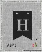 A taped needlepoint canvas with the design: Banner 13 mesh count Forked H White on Black.