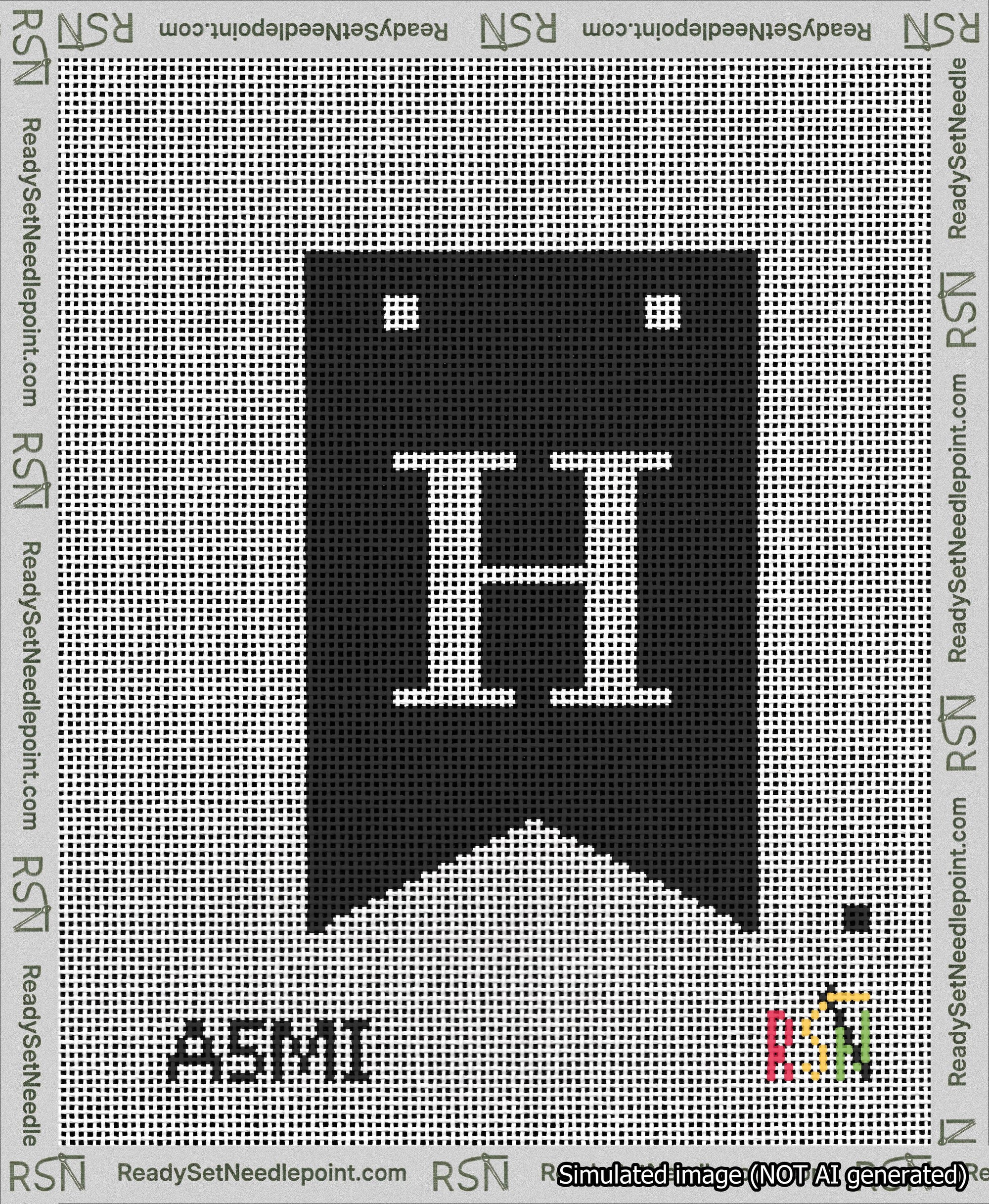 A taped needlepoint canvas with the design: Banner 13 mesh count Forked H White on Black.