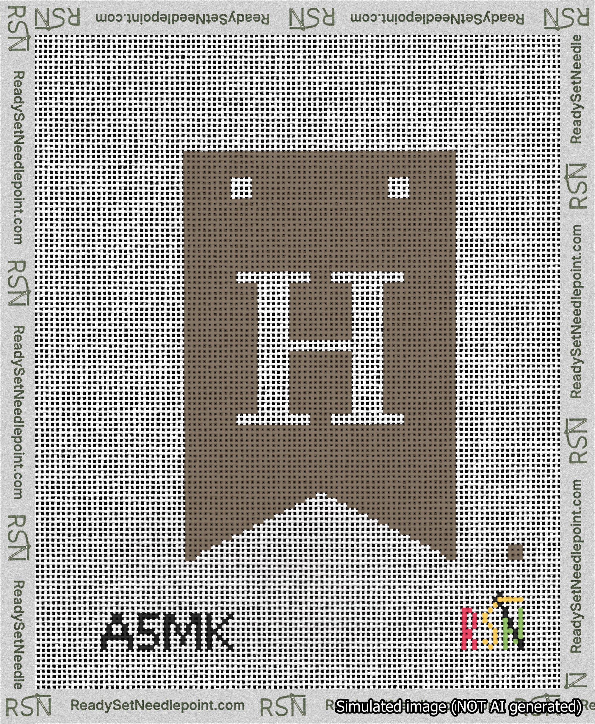 A taped needlepoint canvas with the design: Banner 13 mesh count Forked H White on Brown.