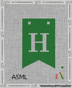 A taped needlepoint canvas with the design: Banner 13 mesh count Forked H White on Green.